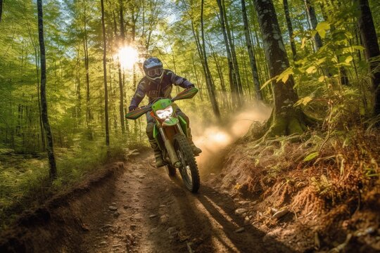 Extreme Sports in Nature:a person riding a green motorcycle in the forest. Generative AI.	
