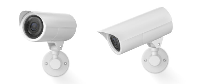 Realistic set of 3D CCTV cameras isolated on white background. Vector illustration of video cam. Modern equipment for home, office, enterprise, business security protection, crime prevention, spy tool