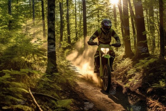 Extreme Sports in Nature:a person riding a green motorcycle in the forest. Generative AI.	
