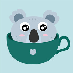 koala in a mug, glass, cup, cute, flat design, vector