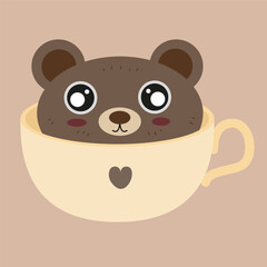 bear in a mug, glass, cup, cute, flat design, vector