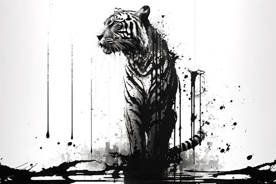 Painting of a tiger drawing using a brush and black ink on white background. Wildlife Animals. Illustration. Generative AI.