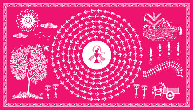 Harmony in Warli art: Nature's Playground with Tree, Bird, Kids, and Bull Craft. Whimsical Warli Wonders: Tree, Bird, Kids, and Bull Craft Unite in Talav Delight. Warli . Wallpaper illustration.