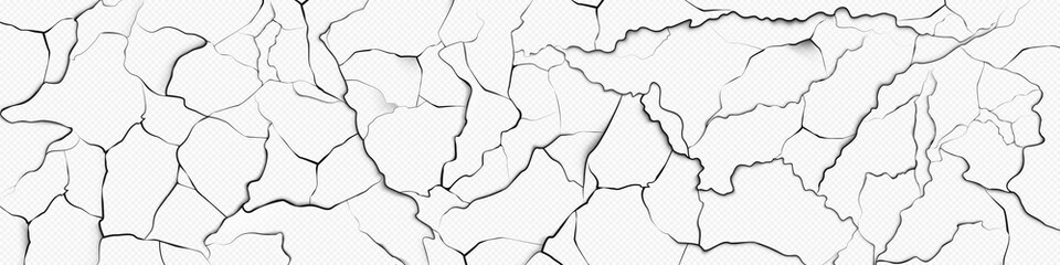 Realistic cracks on dry paint surface on transparent background. Vector illustration of weathered wall, antique building facade banner, abstract damaged coating, grungy texture, worn enamel