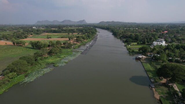 Aerial view of River Kwai and floating houses in Kanchanaburi province, Thailand