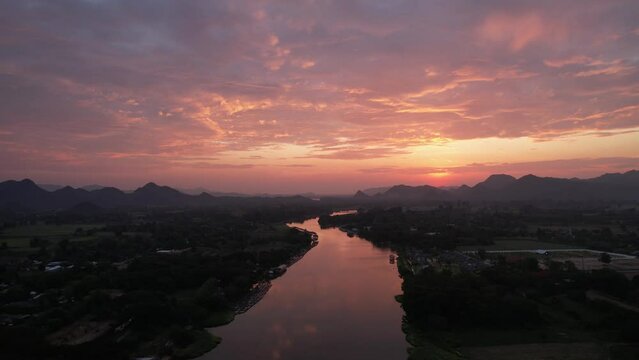 Aerial view of River Kwai and floating houses in Kanchanaburi province, Thailand