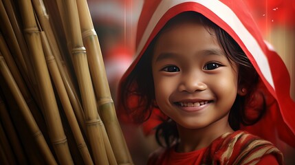 portrait of a smile child in a red and white shirt. Celebrate Indonesian independence day on 17 August
