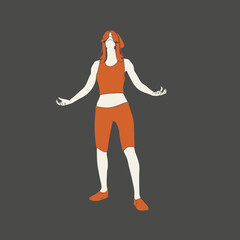 Woman standing in charming pose. Sport girl illustration. Casual sportwear - t-shirt, breeches and sneakers. Young woman wearing workout clothes. Sport fashion girl outline in urban casual style.