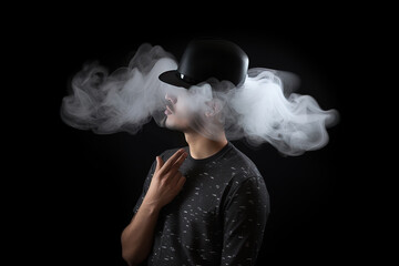 Smoke enveloped a man wearing a hat. Portrait of stylish man with smoke on dark background