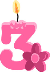 Pink three 3 number happy birthday candle and flower vector illustration.