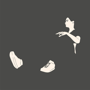Sitting woman silhouette. Sport girl illustration. Casual sportwear - t-shirt, breeches and sneakers. Young woman wearing workout clothes. Sport fashion girl in urban casual style.