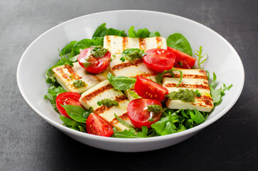 Grilled Halloumi Cheese with Cheery Tomatoes and Pesto with Arugula, Spinach, and Basil, Ketogenic Paleo Diet Lunch