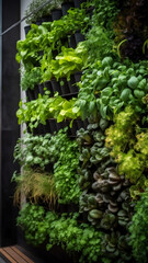Vertical garden wall covered in pots of plants - Generative AI