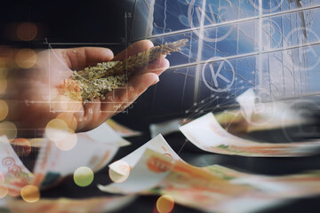 The concept of the cost of grain. 5000 ruble banknotes around a handful of ground grain. World...