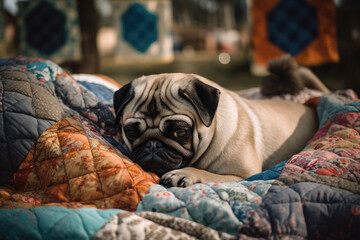 Pug in quilt blanket, generative ai