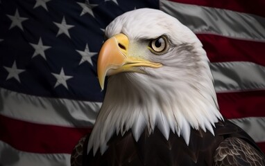 Bald eagle with the american flag behind it createrd with Generative AI technology. American independence day