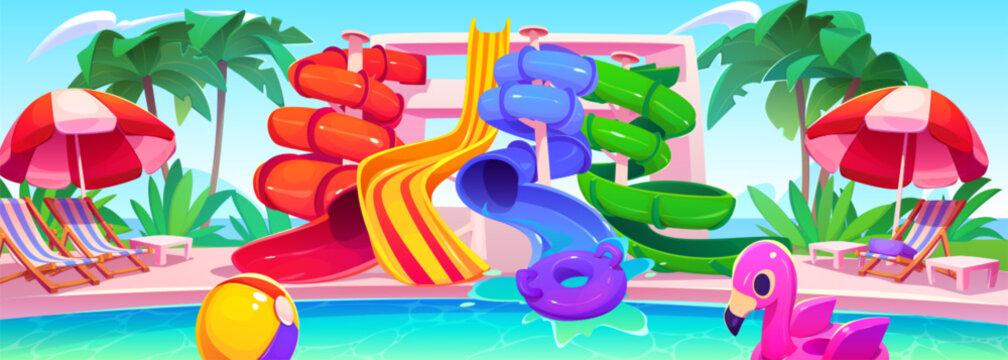 Aqua Park With Water Slide Summer Vector Cartoon Illustration. Swimming Pool In Waterpark For Family Amusement. Inflatable Lifebuoy And Plastic Screw Pipeline Outdoor Entertainment Near Palm Tree