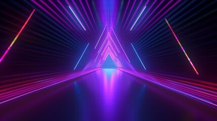 Fototapeta na wymiar 3d render, abstract colorful neon background, triangular tunnel illuminated with ultraviolet light, Generative AI
