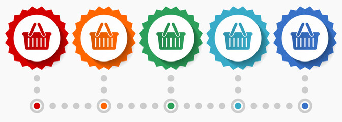 Shopping basket vector icon set, colorful infographic template, set of flat design badge icons in 5 color options