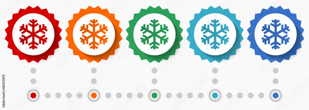Poster snowflake vector icon set, colorful infographic template, set of flat design badge icons in 5 color 