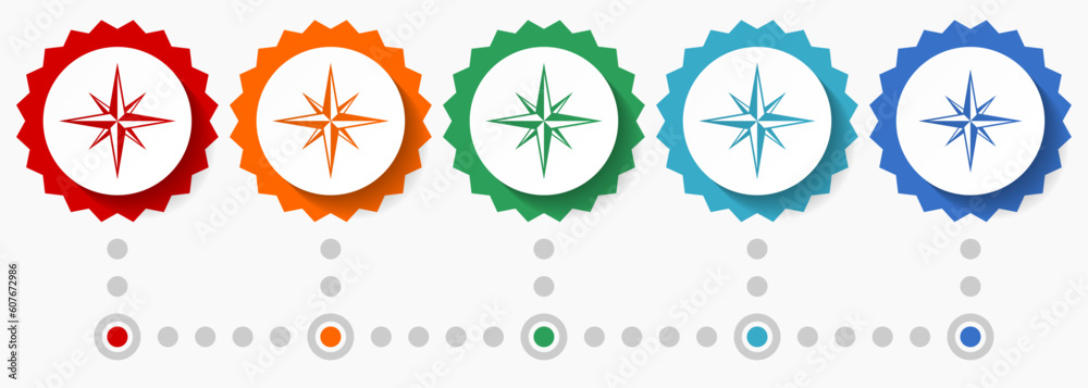 Poster compass vector icon set, colorful infographic template, set of flat design badge icons in 5 color op