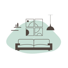 Living room interior with sofa. Furniture vector icon. Flat design