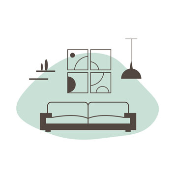 recommend clip art: Living room interior with sofa. Furniture vector icon. Flat design