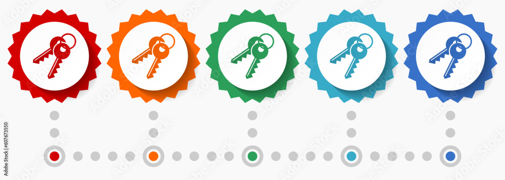 Poster keys vector icon set, colorful infographic template, set of flat design badge icons in 5 color optio