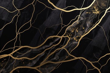 Obraz na płótnie Canvas abstract black marble background with golden veins, japanese kintsugi technique, fake painted artificial stone texture, marbled surface, digital marbling, Generative AI