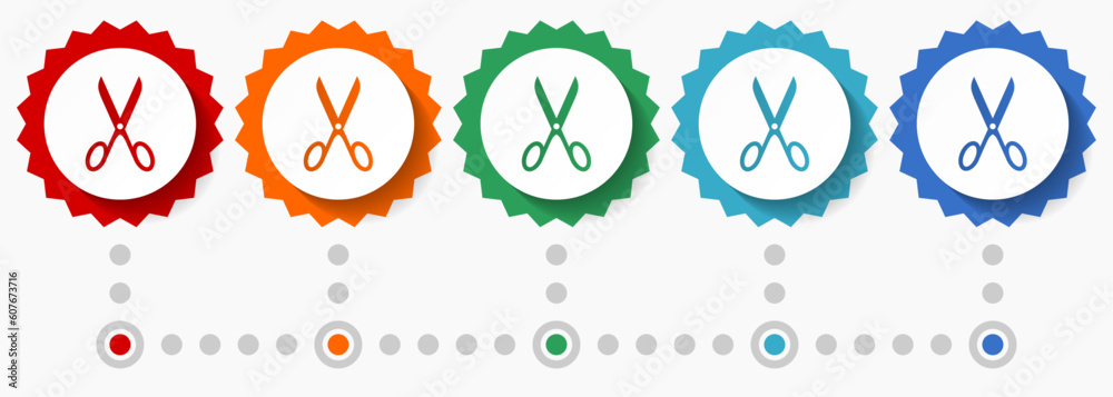 Aufkleber scissors vector icon set, colorful infographic template, set of flat design badge icons in 5 color o