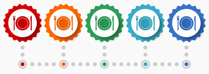 Restaurant vector icon set, colorful infographic template, set of flat design badge icons in 5 color options