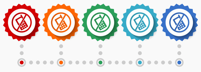 No phone vector icon set, colorful infographic template, set of flat design badge icons in 5 color options