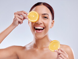 Skincare, portrait or happy woman with orange or natural facial with citrus or vitamin c for...
