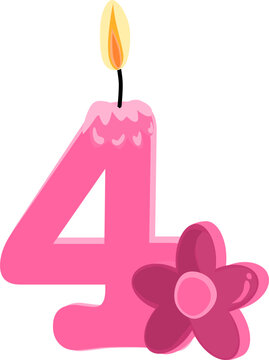 Pink four 4 number happy birthday candle and flower vector illustration.