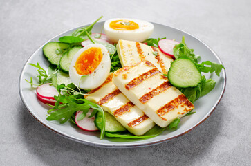 Healthy Ketogenic Paleo Meal, Grilled Halloumi with Lettuce, Radish, Cucumber, and Boiled Egg, Detox, Diet Lunch