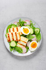 Healthy Ketogenic Paleo Meal, Grilled Halloumi with Lettuce, Radish, Cucumber, and Boiled Egg, Detox, Diet Lunch