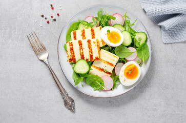 Healthy Ketogenic Paleo Meal, Grilled Halloumi with Lettuce, Radish, Cucumber, and Boiled Egg, Detox, Diet Lunch