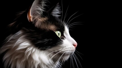 black and white cat on black background