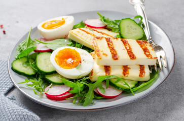 Healthy Ketogenic Paleo Meal, Grilled Halloumi with Lettuce, Radish, Cucumber, and Boiled Egg, Detox, Diet Lunch