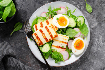 Healthy Ketogenic Paleo Meal, Grilled Halloumi with Lettuce, Radish, Cucumber, and Boiled Egg, Detox, Diet Lunch