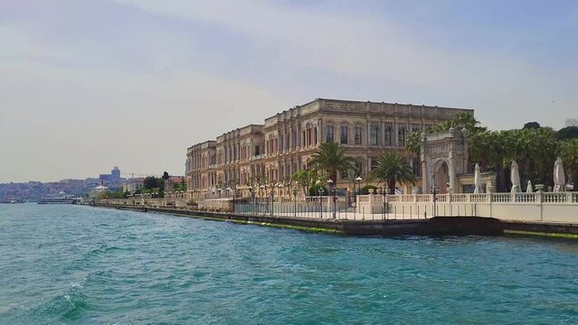 Istanbul travel view from Bosphorus strait, Turkey. Ciragan Palace