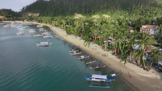 Port Barton White Beach With Traditional Boats, Palawan, Philippines, Aerial View