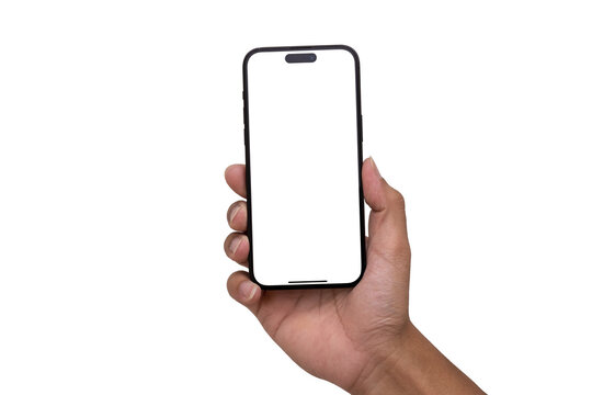 Mockup iphone hand - clipping path , Studio shot of Smartphone iPhone 13 Pro Max with blank phone screen for Infographic Global Business web site design app ios : Bangkok, Thailand - MAR 13, 2022	