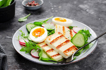 Healthy Ketogenic Paleo Meal, Grilled Halloumi with Lettuce, Radish, Cucumber, and Boiled Egg, Detox, Diet Lunch