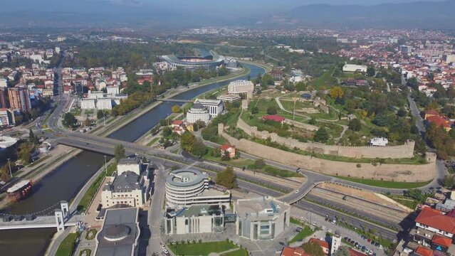 Skopje aerial view, Republic of North Macedonia. Vardar river, fortress