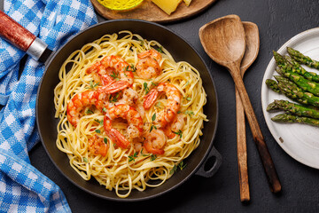 A delightful Italian pasta adorned with shrimps