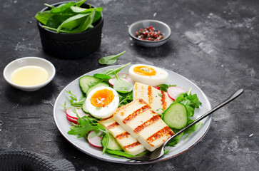 Healthy Ketogenic Paleo Meal, Grilled Halloumi with Lettuce, Radish, Cucumber, and Boiled Egg, Detox, Diet Lunch