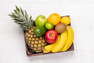 Wooden box full of healthy food