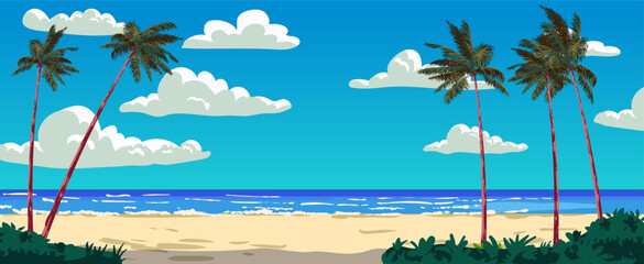 Tropical ocean view on the sand beach, palms, seashore, horizon