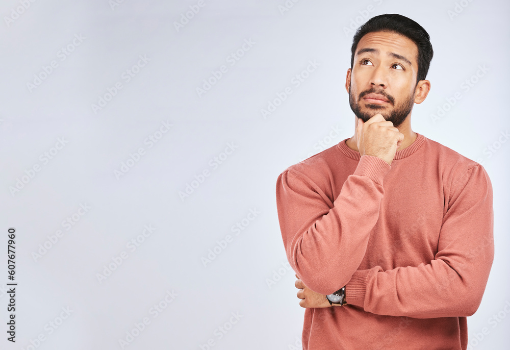 Aufkleber man, thinking and idea mockup in studio or planning, decision and choice with white background. asia